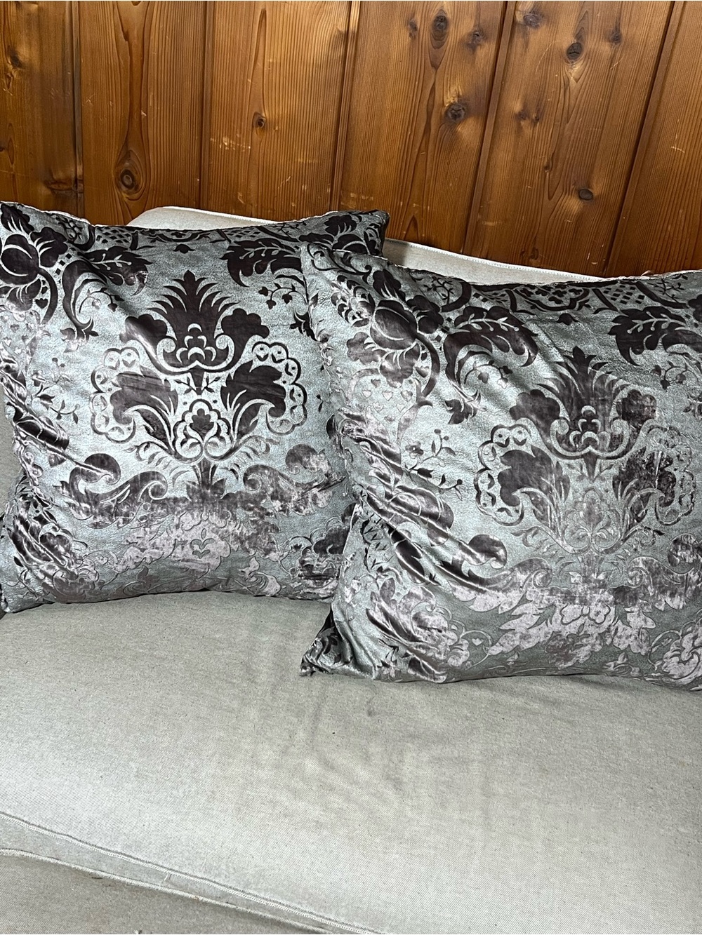 Deep eggplant down filled Velvet Damask Accent Pillow - violet Silver Gray